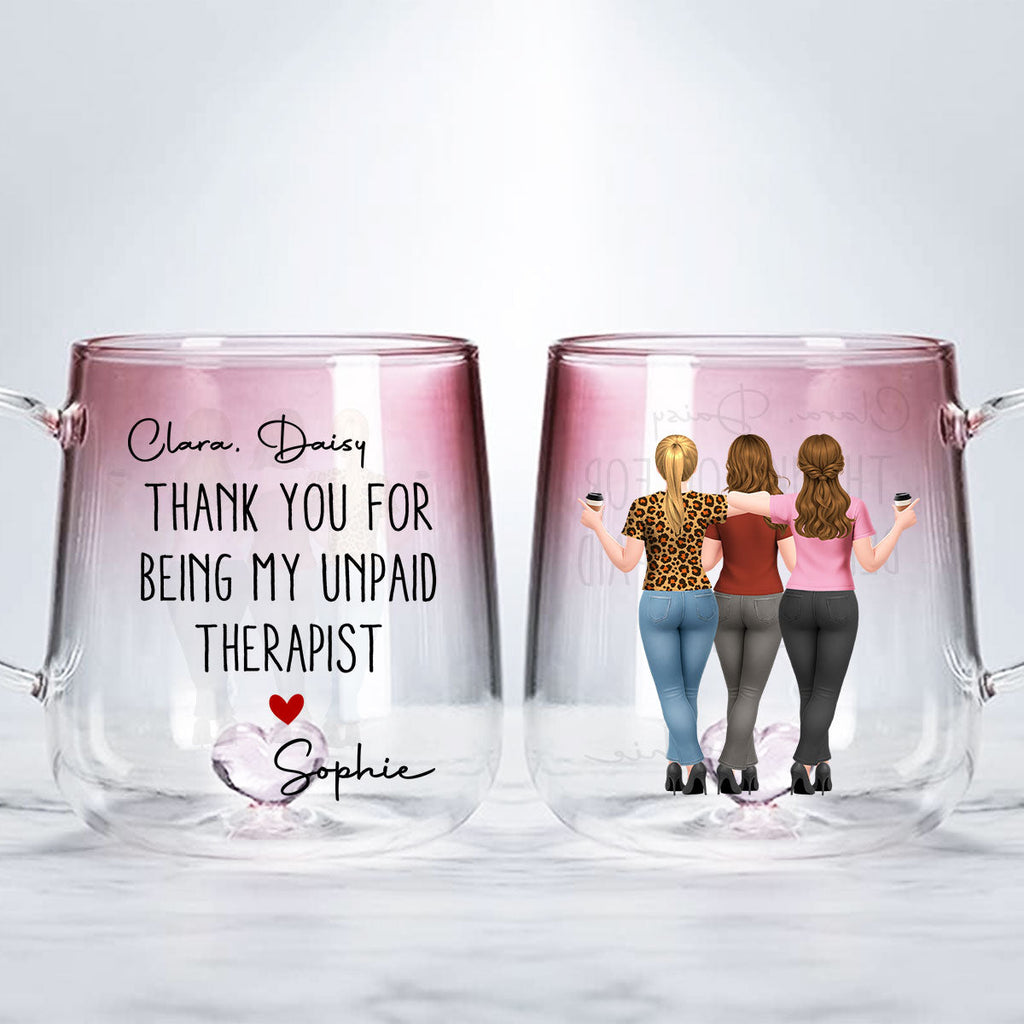 Custom Best Friend, Christmas & Birthday Friendship Keepsake Gift • My Unpaid Therapist Version 2 - Personalized Pink Gradient Glass Mug