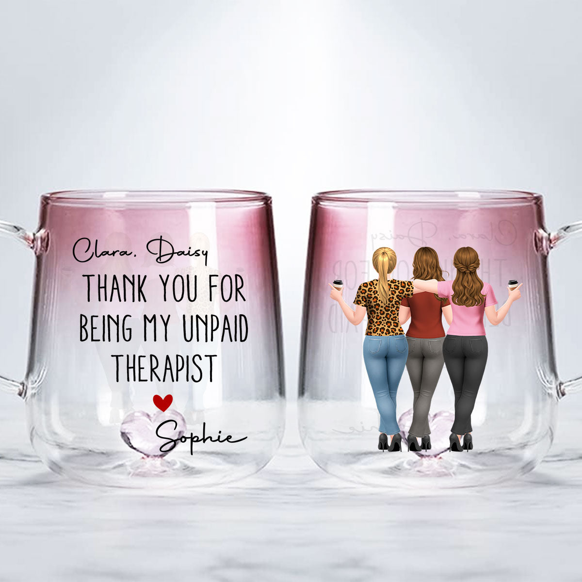 Custom Best Friend, Christmas & Birthday Friendship Keepsake Gift • My Unpaid Therapist Version 2 - Personalized Pink Gradient Glass Mug