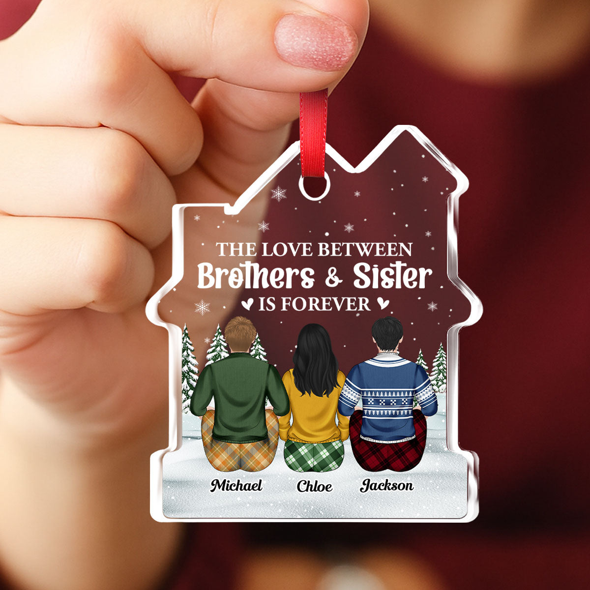 Custom Brothers & Sisters Christmas Ornament •  Sibling Love Is Forever - Personalized House Shaped Glass Ornament