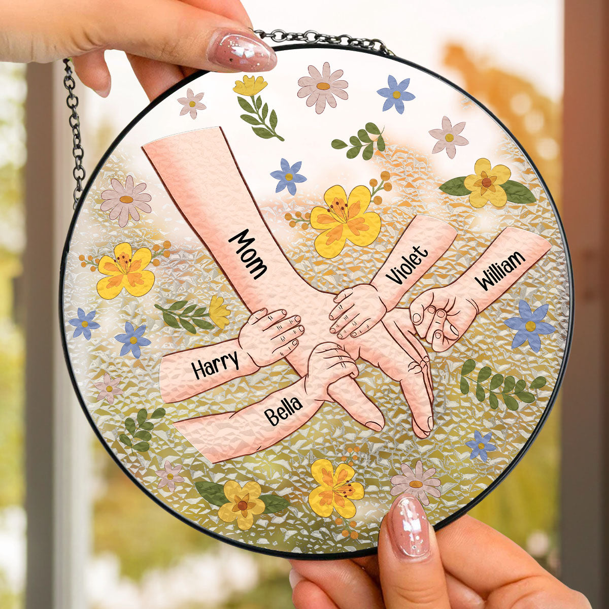 Custom Name Hanging Decor for Mom Daughter, Mother's Day Birthday Gifts • Mom Hold My Hand Also My Heart - Personalized Window Hanging Suncatcher