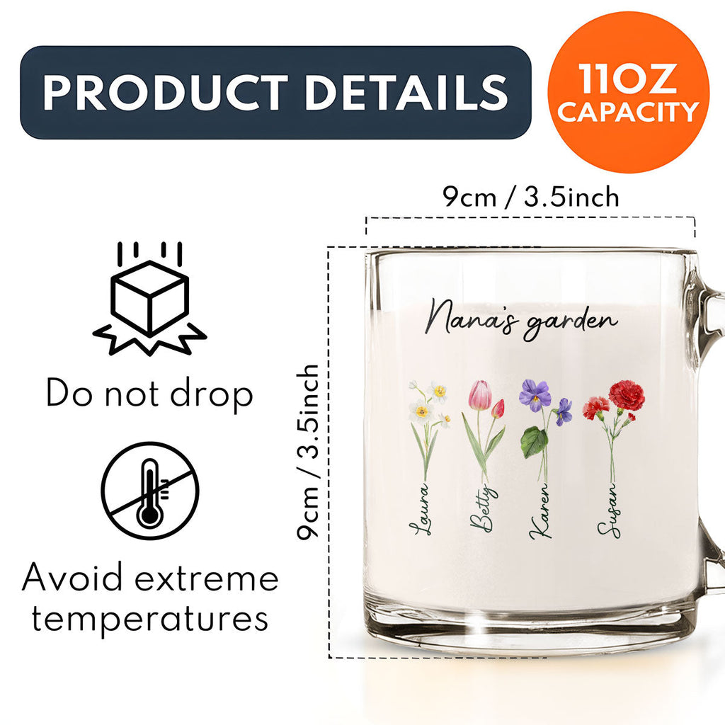 Custom Christmas & Birthday Gift For Grandma • Grandmas Garden With Birth Month Flowers - Personalized Glass Mug