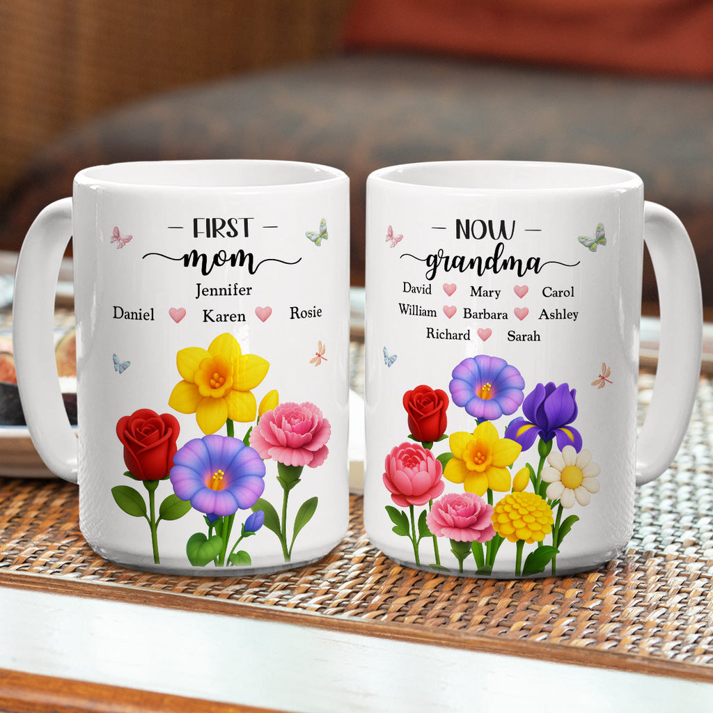 Custom Christmas & Birthday Gift For Grandma • First Mom Now Grandma Floral - Personalized Coffee Mug