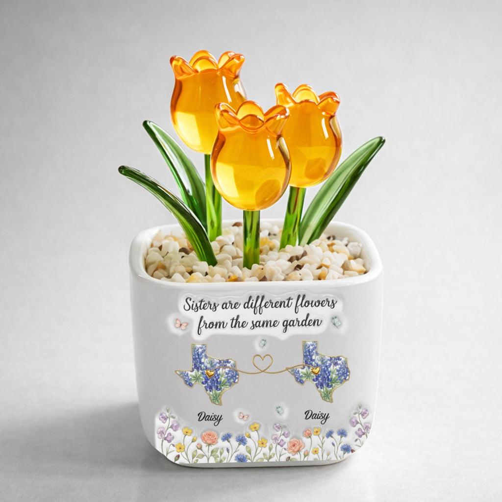 Custom Flower Keepsake, Glass Home Decor Gift for Soul Sister • Different Flowers Forever Connected - Personalized Glass Everlasting Tulips