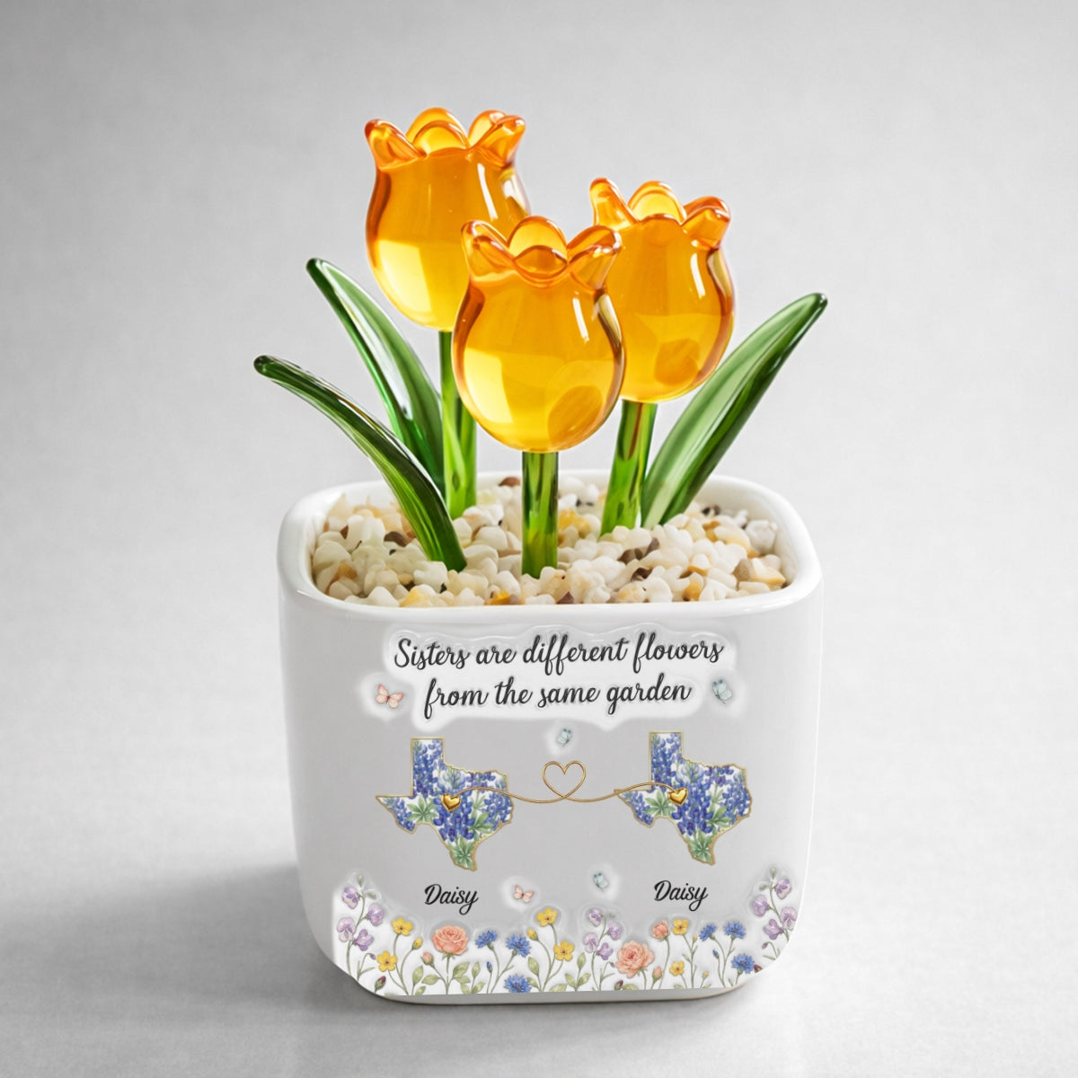 Custom Flower Keepsake, Glass Home Decor Gift for Soul Sister • Different Flowers Forever Connected - Personalized Glass Everlasting Tulips
