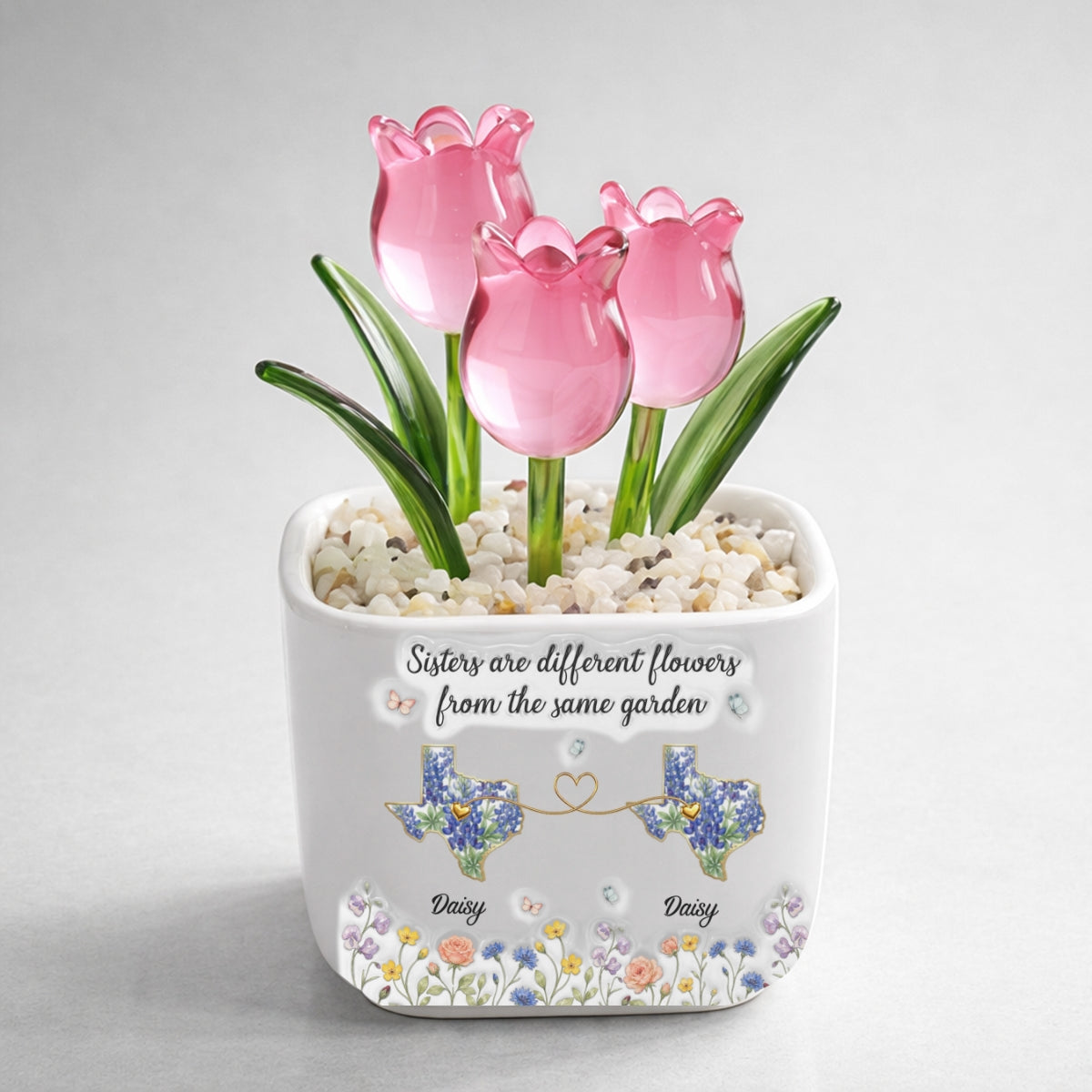 Custom Flower Keepsake, Glass Home Decor Gift for Soul Sister • Different Flowers Forever Connected - Personalized Glass Everlasting Tulips