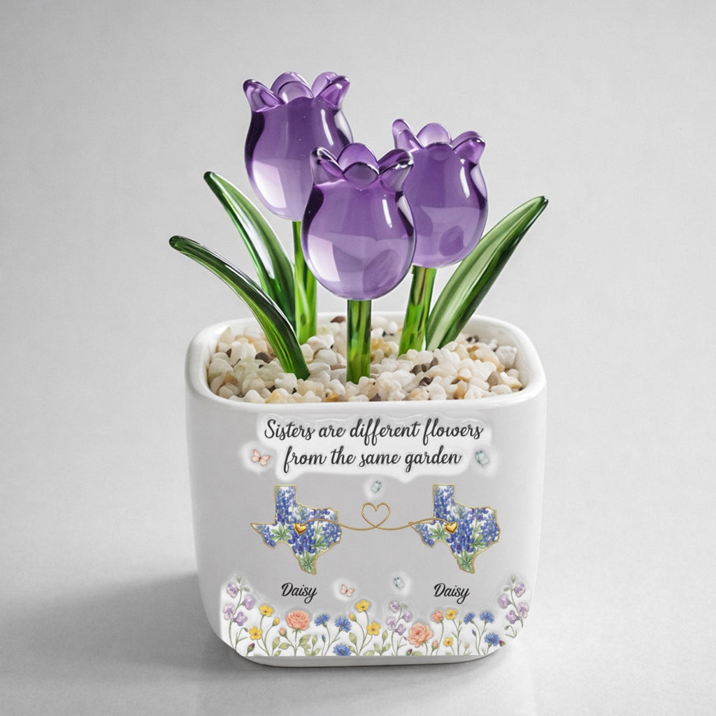 Custom Flower Keepsake, Glass Home Decor Gift for Soul Sister • Different Flowers Forever Connected - Personalized Glass Everlasting Tulips