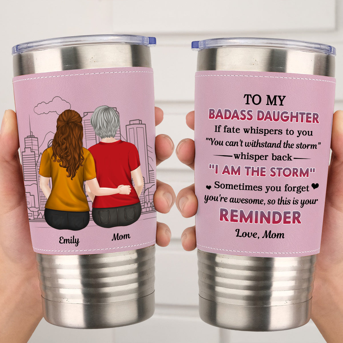 Custom Christmas Birthday Gifts For Daughter • From Mom To Badass Daughter - Personalized Pink Leather Tumbler