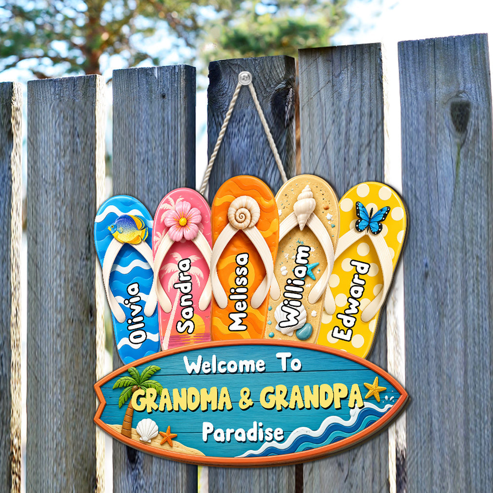 Custom Family Summer Backyard, Patio & Porch Decor • Flip Flop Family - Personalized Wood Sign