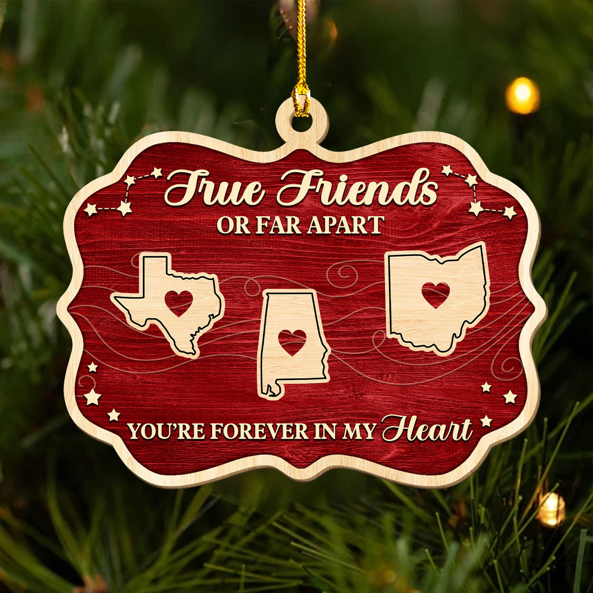 Custom Friendship Christmas Ornament, Best Friend Gift •  Hearts Stay Connected Through Distance - Personalized 3D Effect Wood Ornament