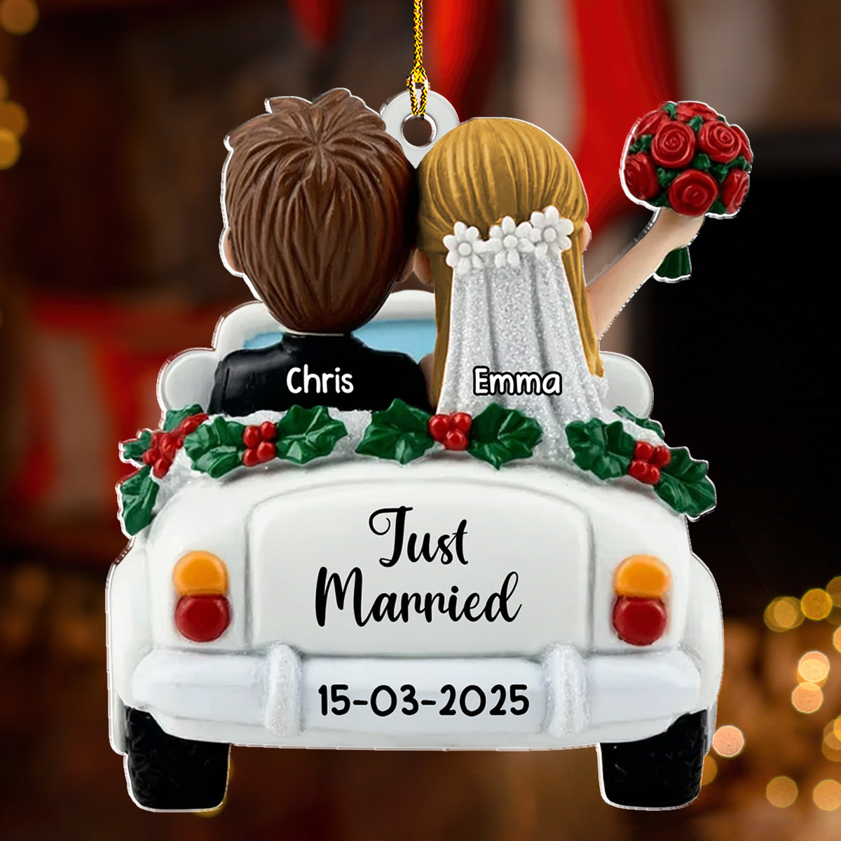 Custom Couple Christmas Ornament, Anniversary Gift •  Just Married - Personalized 3D Effect Acrylic Ornament