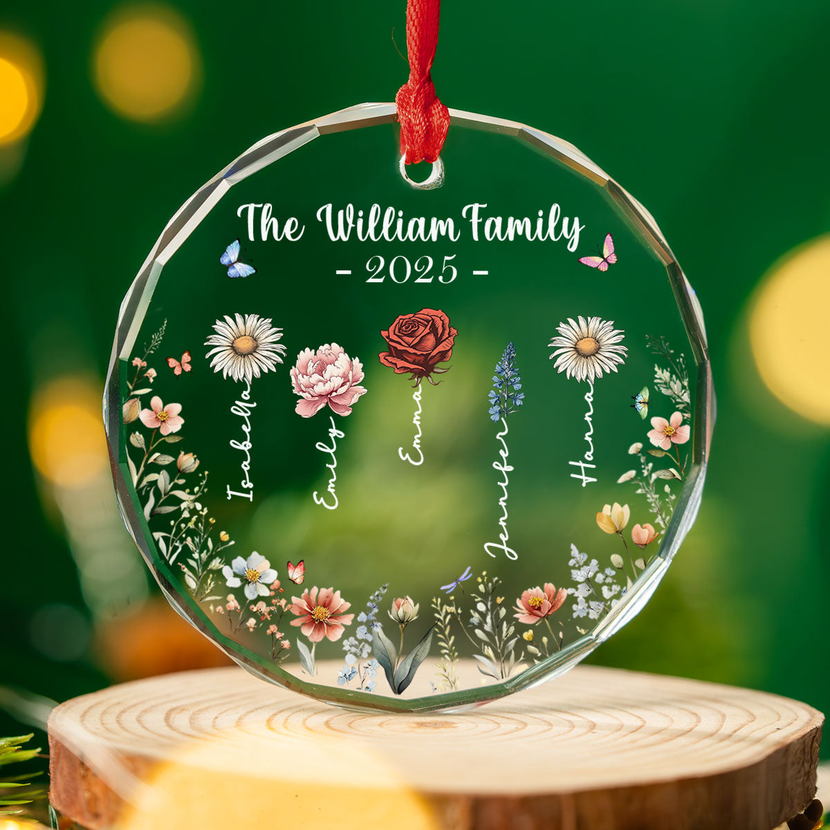 Custom Family Ornament, Christmas Gift for Family Members •  Feliz Navidad Flower - Personalized Glass Ornament