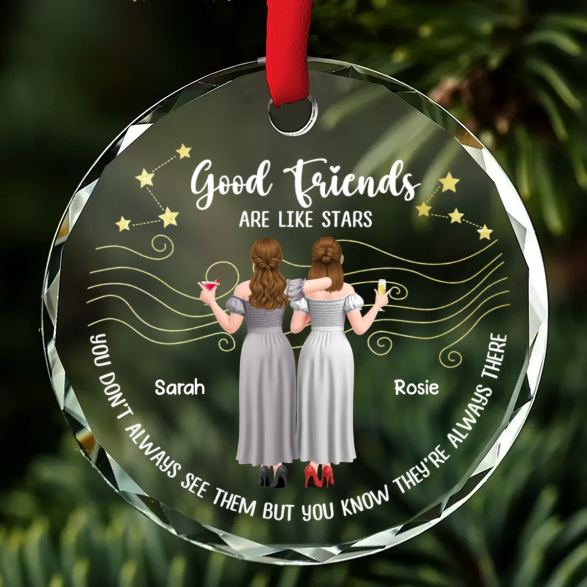 Custom Friendship Christmas Ornament, Best Friend Gift •  Forever Friends Star - Personalized Glass Ornament
