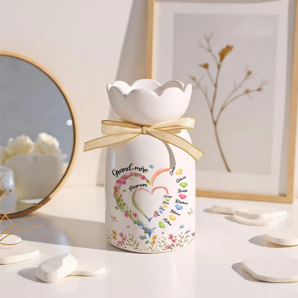 Cœur De Mamie - Vase À Fleurs Personnalisé Avec Ruban