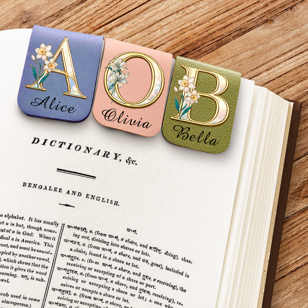 Custom Christmas Birthday Bookish Gifts For Book Lovers, Bookworms • Floral Monogram - Personalized Leather Bookmark