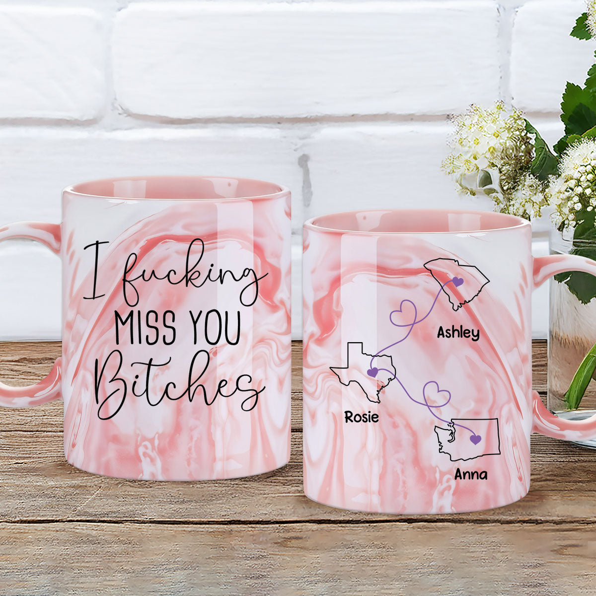Custom Best Friend, Christmas & Birthday Friendship Keepsake Gift • I Miss You Bestie - Personalized Pink Marble Mug