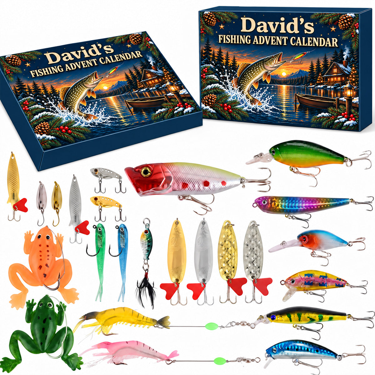 Custom Christmas Advent Calendar 2026 Fishing Lure Set, 24-Day Countdown • Fishing Lover - Personalized Fishing Advent Calendar