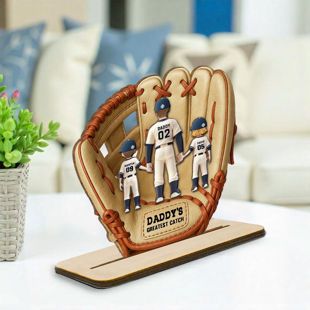 Custom Father's Day Decor, Gift for Dad & Grandpa • Greatest Catch - Personalized 2-Layer Wood Plaque With Flat Base