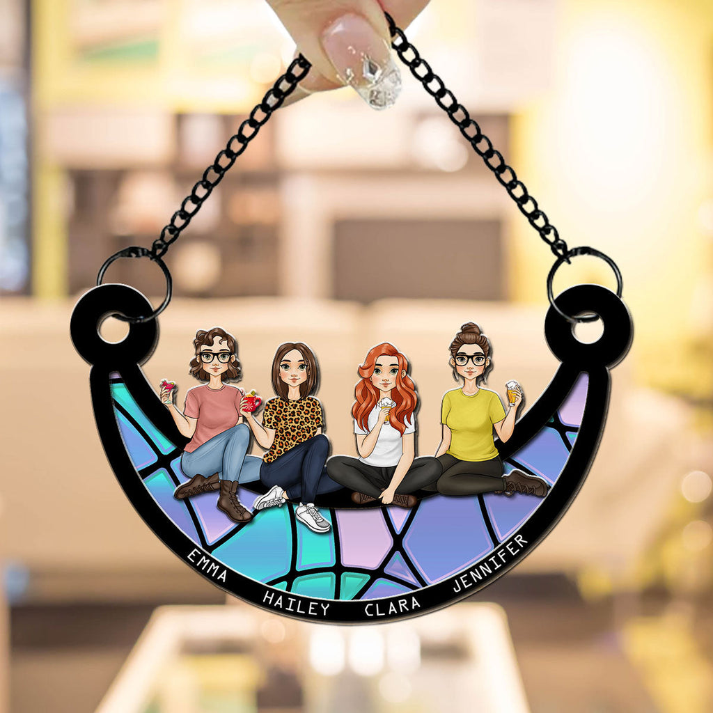 Custom Best Friend Hanging Decor, Friendship Birthday Gifts • Best Friends Sitting On The Moon - Personalized Suncatcher