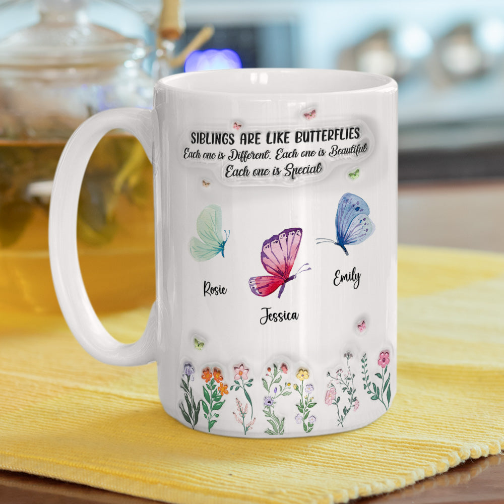 Custom Christmas & Birthday Keepsake Gift • Siblings Are Like Butterflies - Personalized 3D Inflated Effect Mug