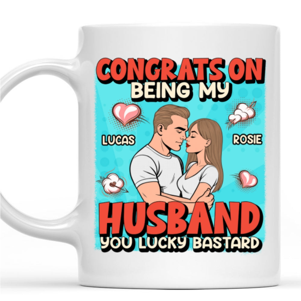 Custom Anniversary Keepsake Gifts For Couple • Congrats On Being My Husband Retro Style - Personalized Coffee Mug
