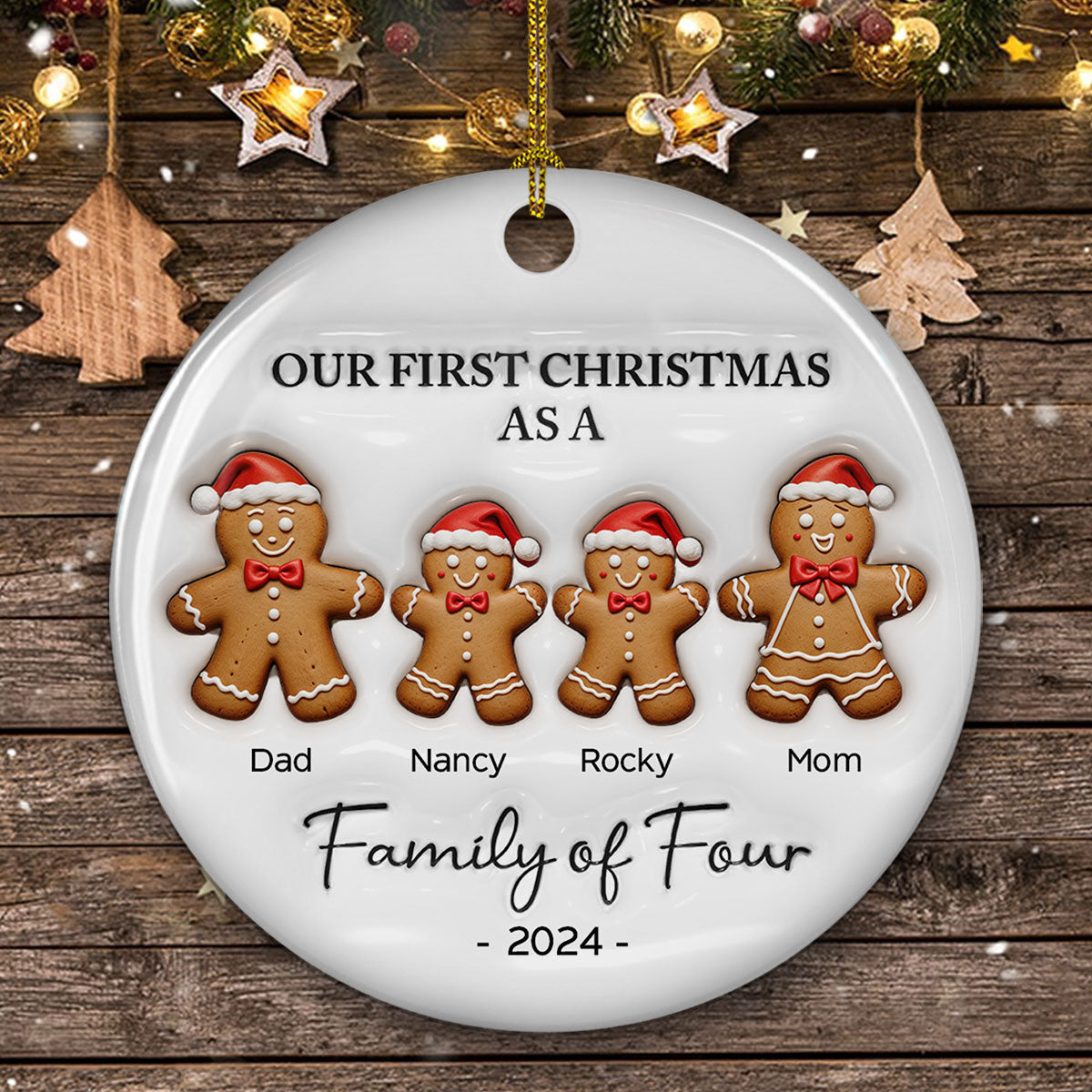 Custom Family First Christmas Ornament •  First Christmas As A Family Of Three Gingerbread - Personalized 3D Inflated Effect Ceramic Ornament