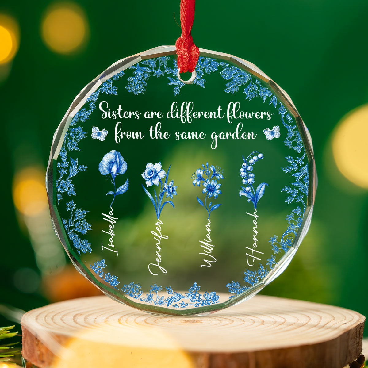 Custom Keepsake Christmas Ornament •  Bestie Flowers Toile De Jouy Style - Personalized Glass Ornament