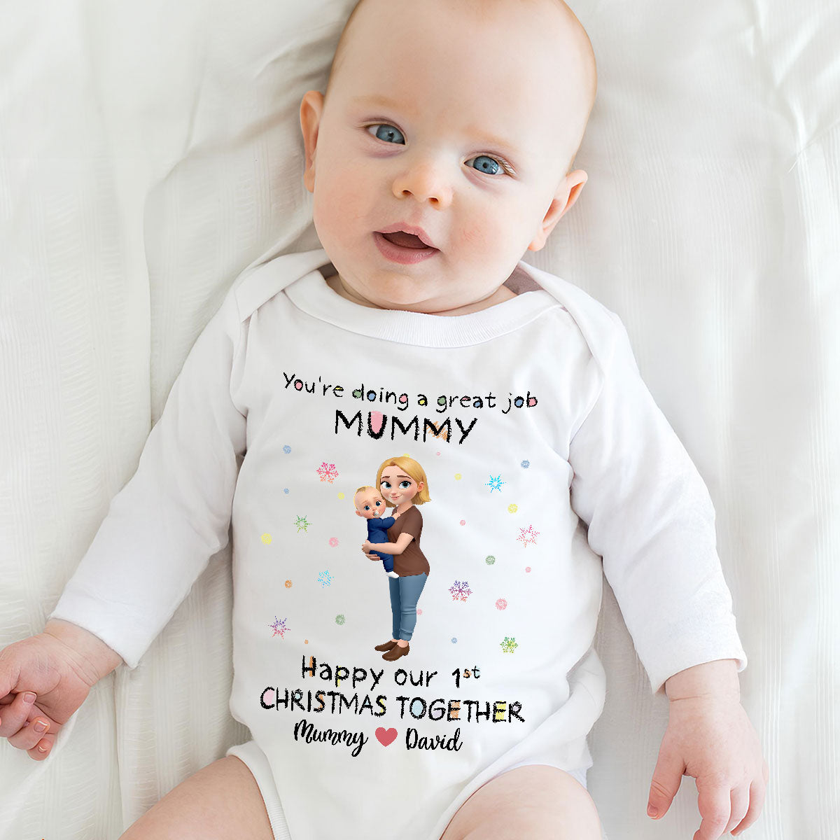Mommy And Baby 1st Christmas - Personalized Long Sleeve Baby Onesie