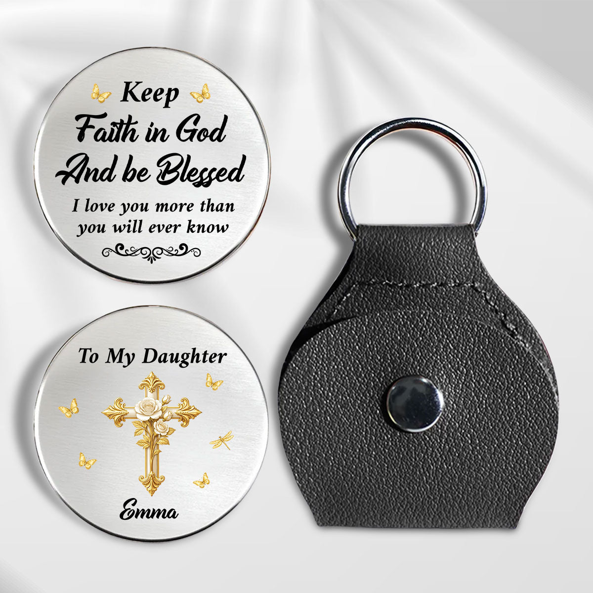 Custom Daughter Coin Keychain, Christian Gift, Faith Keepsake • Keep Faith In God - Personalized Pocket Hug