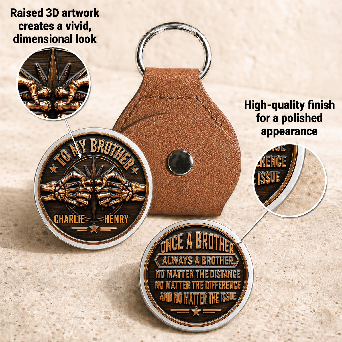 Custom Brother Coin Keychain, Birthday Gift for Family Members • Brothers By Blood - Personalized 3D Printing Pocket Hug