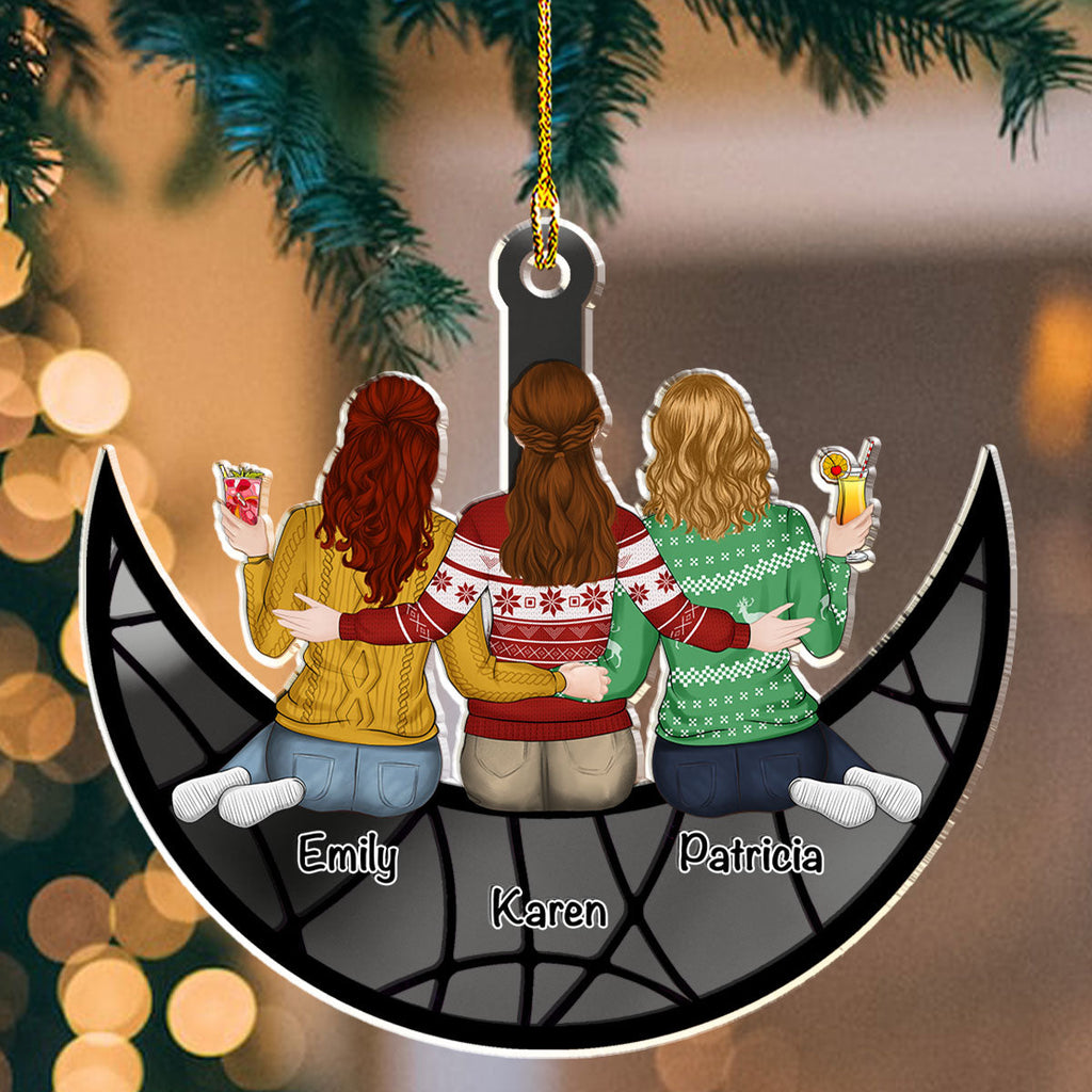 Custom Friendship Christmas Ornament, Best Friend Gift •  Besties Sitting On The Moon - Personalized Mirrored Acrylic Ornament