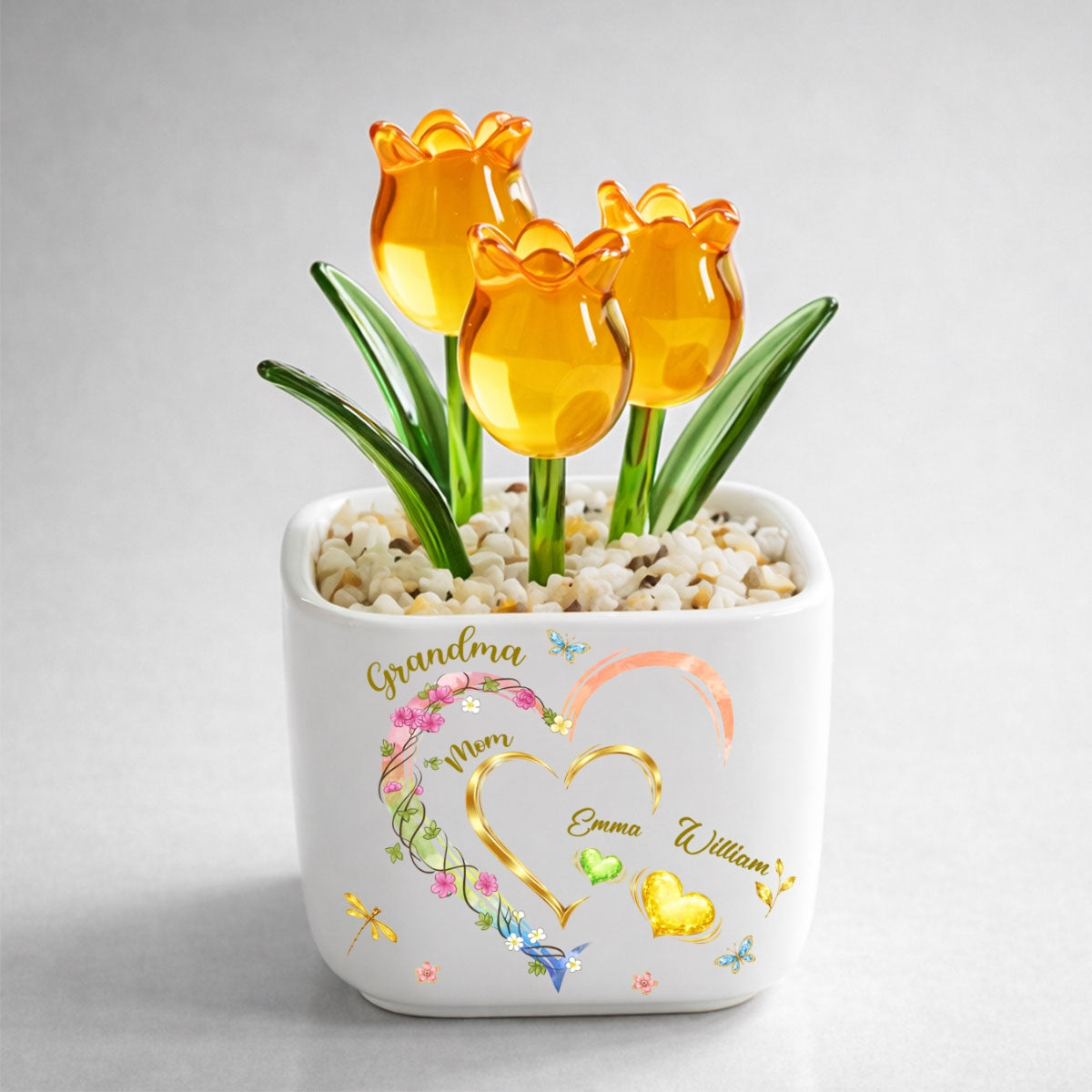 Custom Mother's Day Flower Keepsake, Glass Home Decor Gift for Grandma • Grandma Heart Keepsake - Personalized Glass Everlasting Tulips