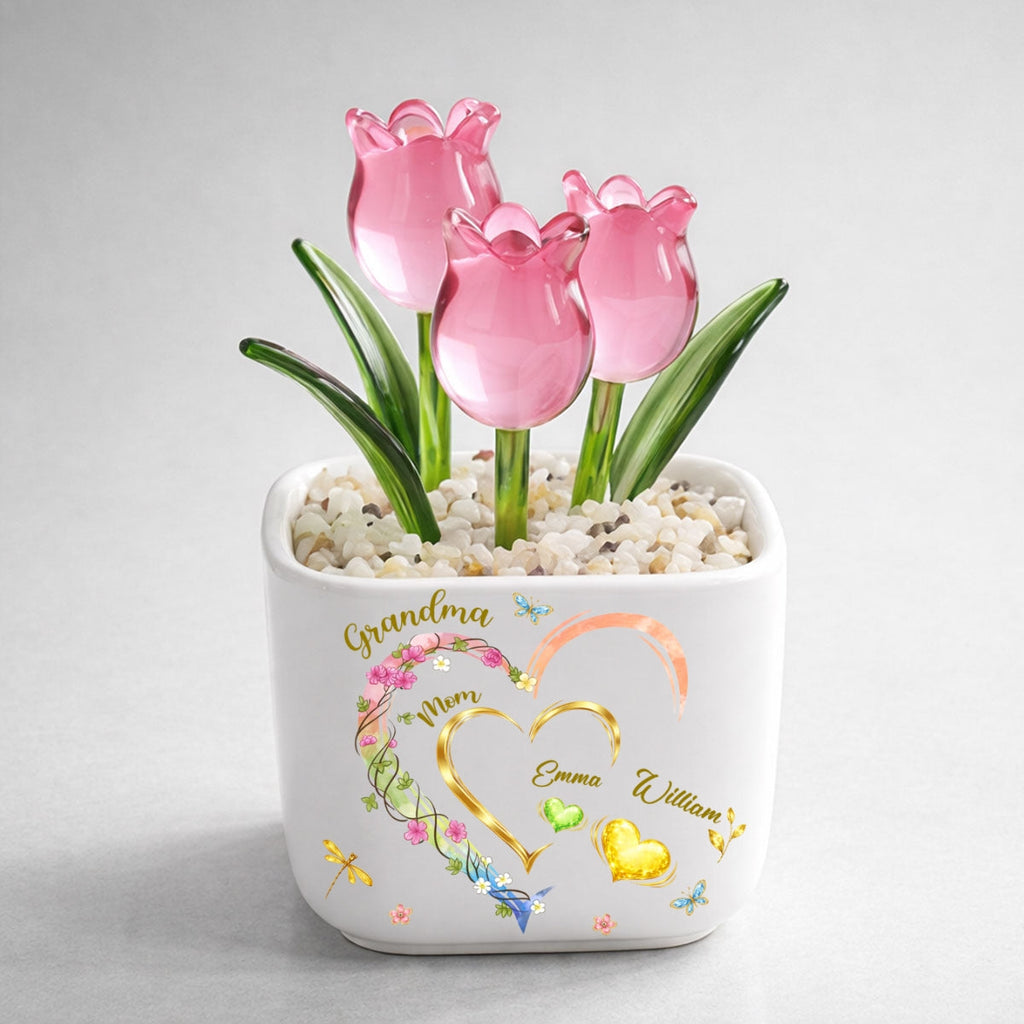 Custom Mother's Day Flower Keepsake, Glass Home Decor Gift for Grandma • Grandma Heart Keepsake - Personalized Glass Everlasting Tulips