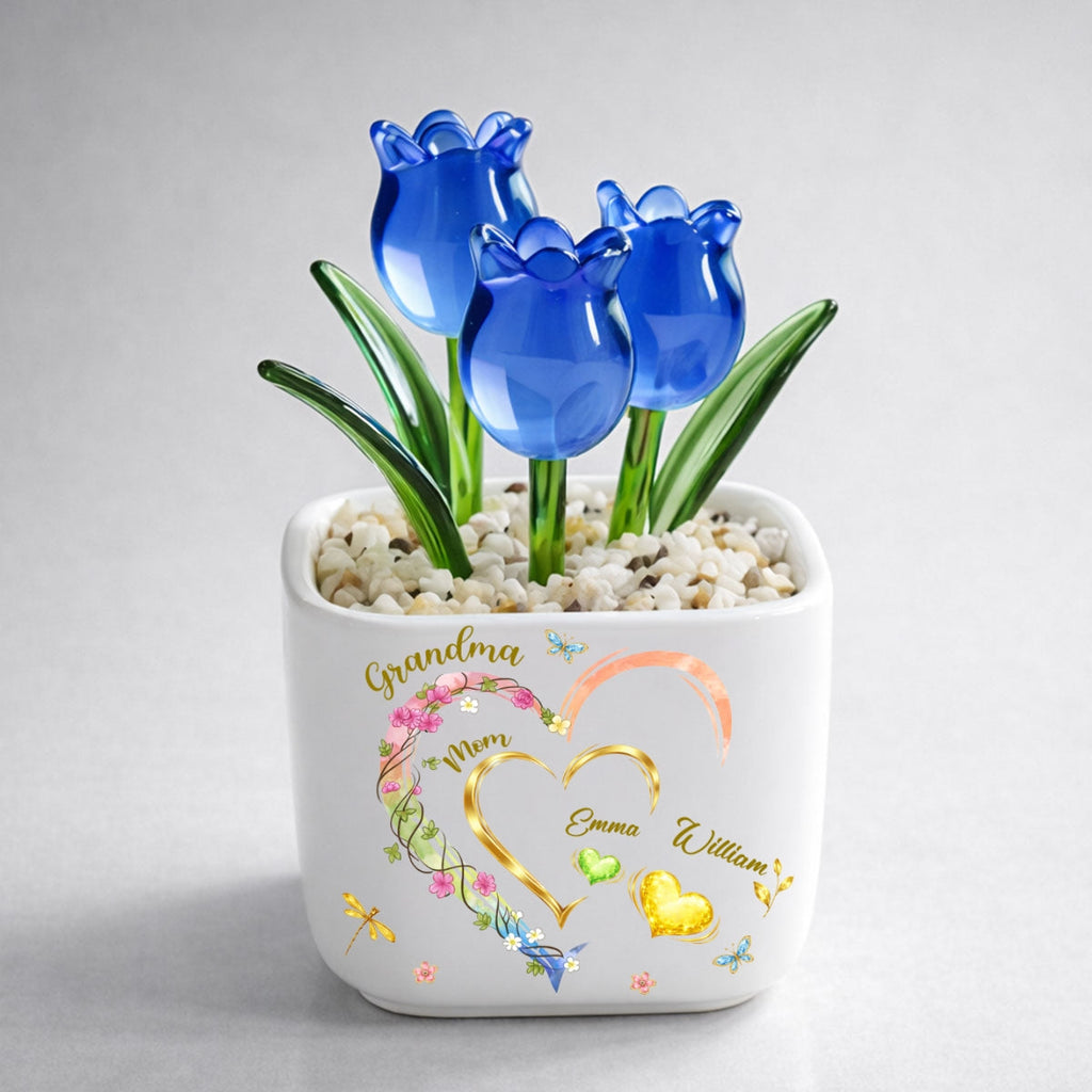 Custom Mother's Day Flower Keepsake, Glass Home Decor Gift for Grandma • Grandma Heart Keepsake - Personalized Glass Everlasting Tulips