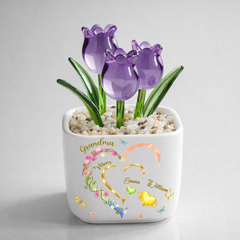 Custom Mother's Day Flower Keepsake, Glass Home Decor Gift for Grandma • Grandma Heart Keepsake - Personalized Glass Everlasting Tulips