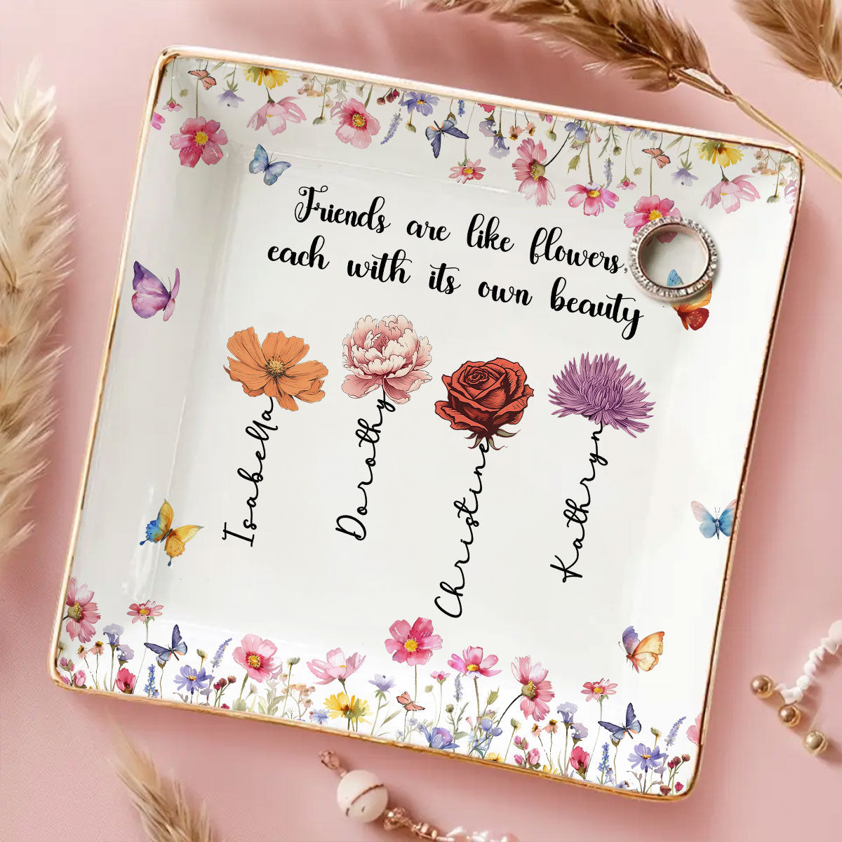 Custom Bestie Trinket Dish, Birthday Christmas Gift For Best Friend • Friends Are Blossoms In Life - Personalized Jewelry Dish