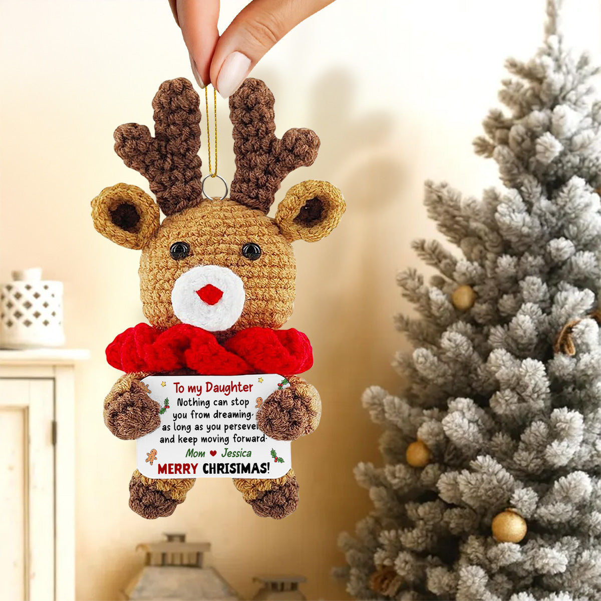 Custom Keepsake Christmas Ornament •  Keep Moving Forward - Personalized Deer Crocheted Ornament