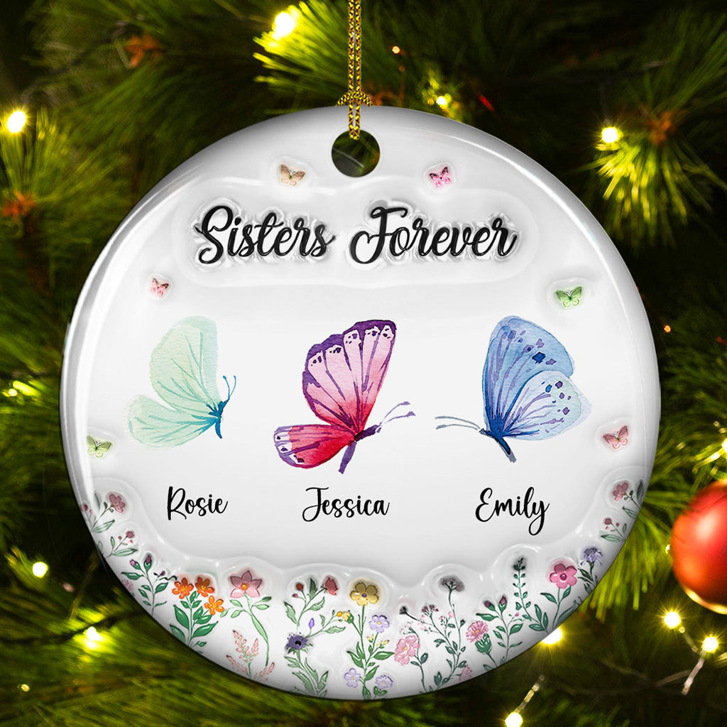 Custom Friendship Christmas Ornament, Best Friend Gift •  Butterfly Besties Forever - Personalized 3D Inflated Effect Ceramic Ornament