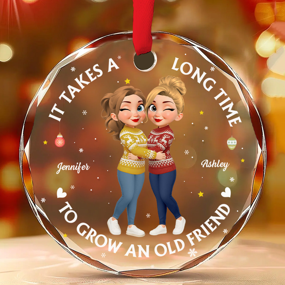 Custom Friendship Christmas Ornament, Best Friend Gift •  Good Friends Age Like Wine - Personalized Glass Ornament