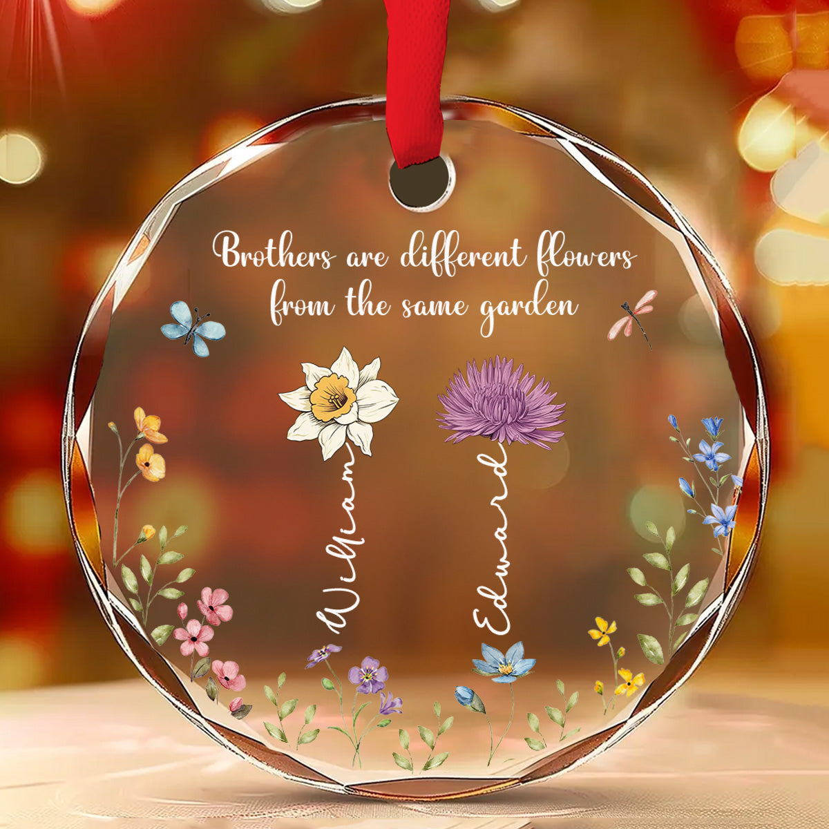 Custom Family Ornament, Christmas Gift for Family Members •  Siblings Are Different Flowers From The Same Garden - Personalized Glass Ornament