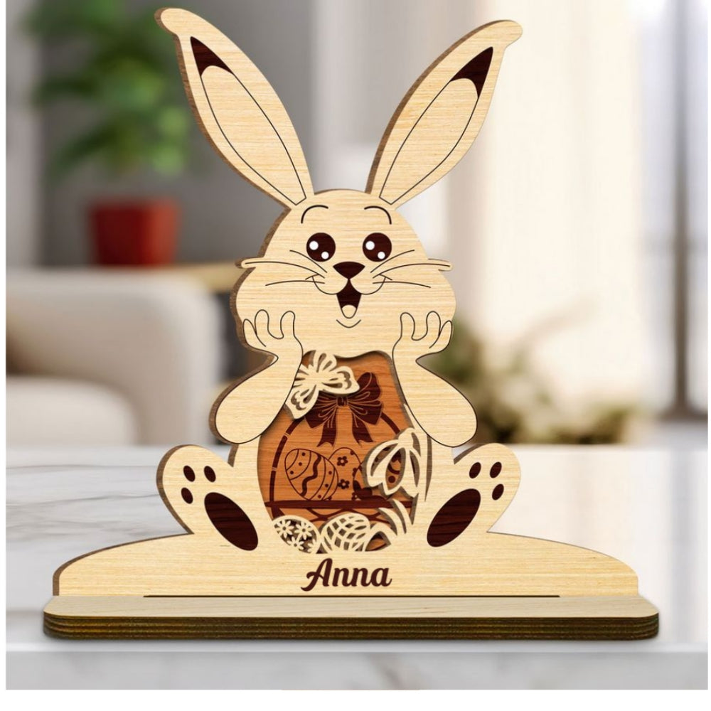 Custom Family Decor, Christmas Birthday Family Keepsake • Bunny Bliss Celebration - Personalized 2-Layer Wood Plaque With Flat Base