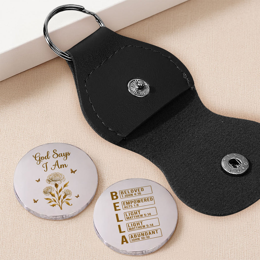 Custom Coin Keychain, Daily Reminder with Leather Holder • God Says I Am - Personalized Pocket Hug