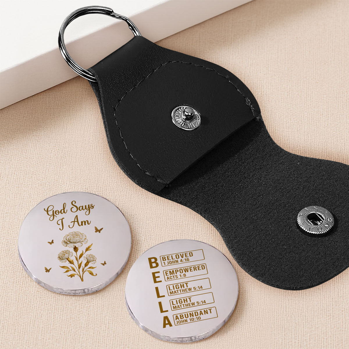 Custom Coin Keychain, Daily Reminder with Leather Holder • God Says I Am - Personalized Pocket Hug