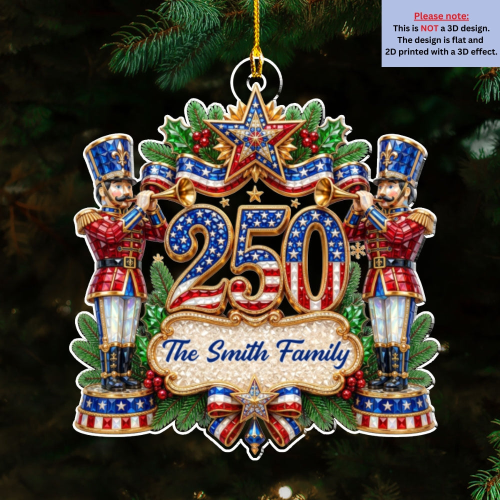 Custom Patriotic Christmas Ornament for Family, 250th Anniversary • Our Christmas Celebration - Personalized 3D Effect Acrylic Ornament