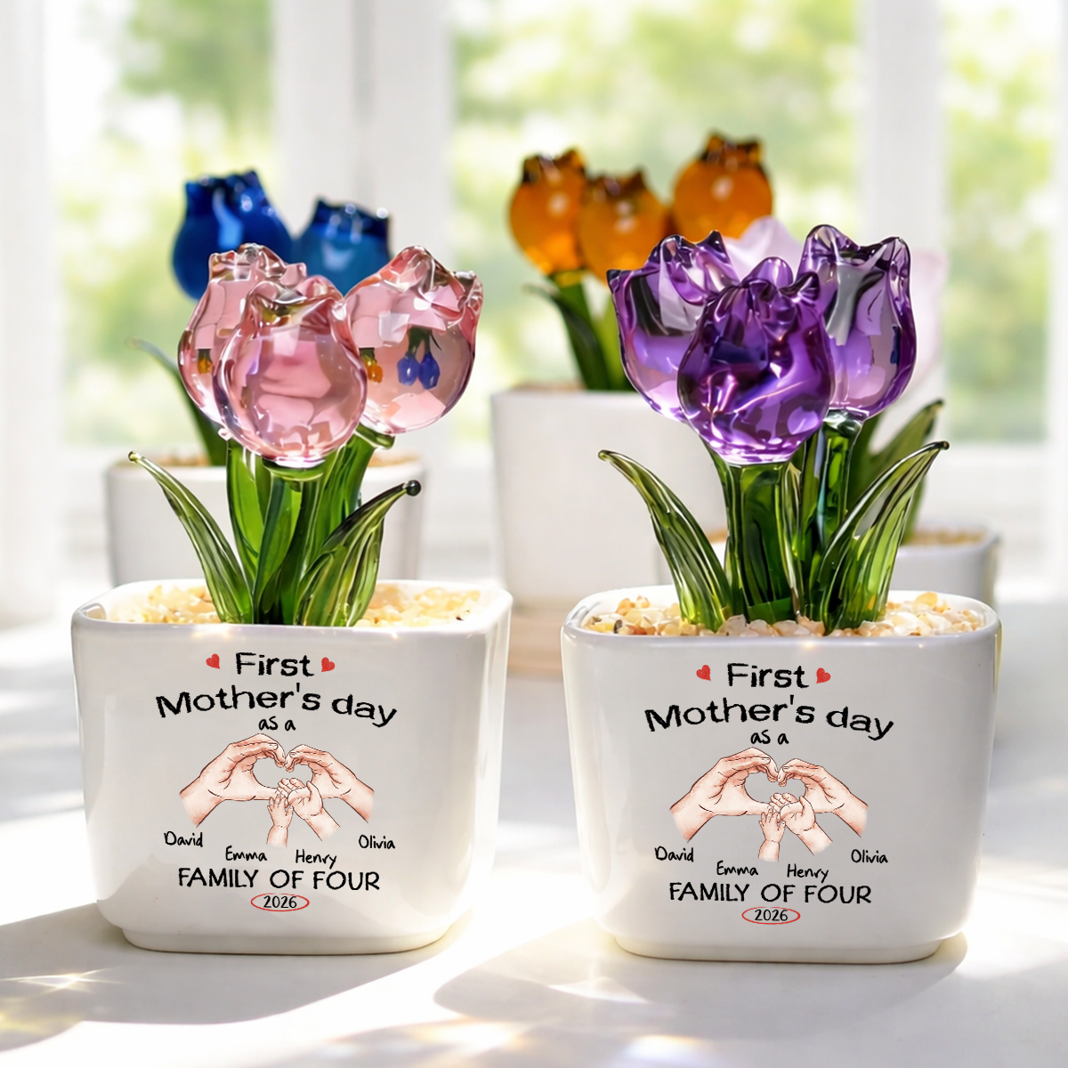 Custom Flower Keepsake, Meaningful Glass Home Decor Gift • As A Family Of Three - Personalized Glass Everlasting Tulips