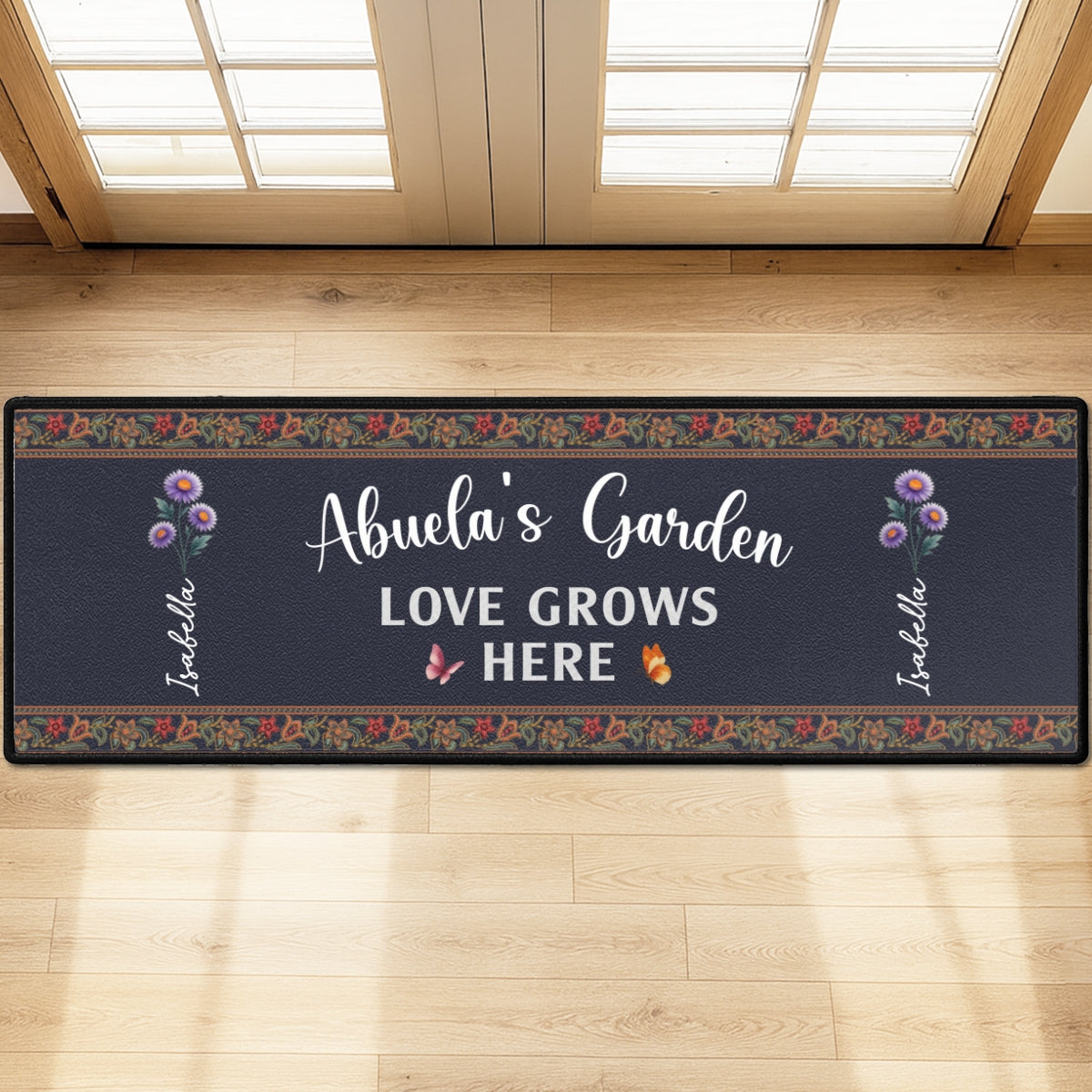Custom Family Name Rug, Housewarming Birthday Gift For Grandma Grandparents • Love Grows Here - Personalized Runner Rug