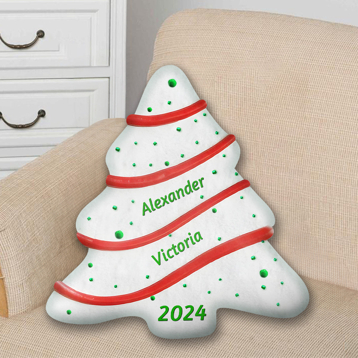 Custom Name Kids Christmas Tree Pillow, Family Keepsake From Parents • Soft Christmas Tree Cake - Personalized Shaped Pillow