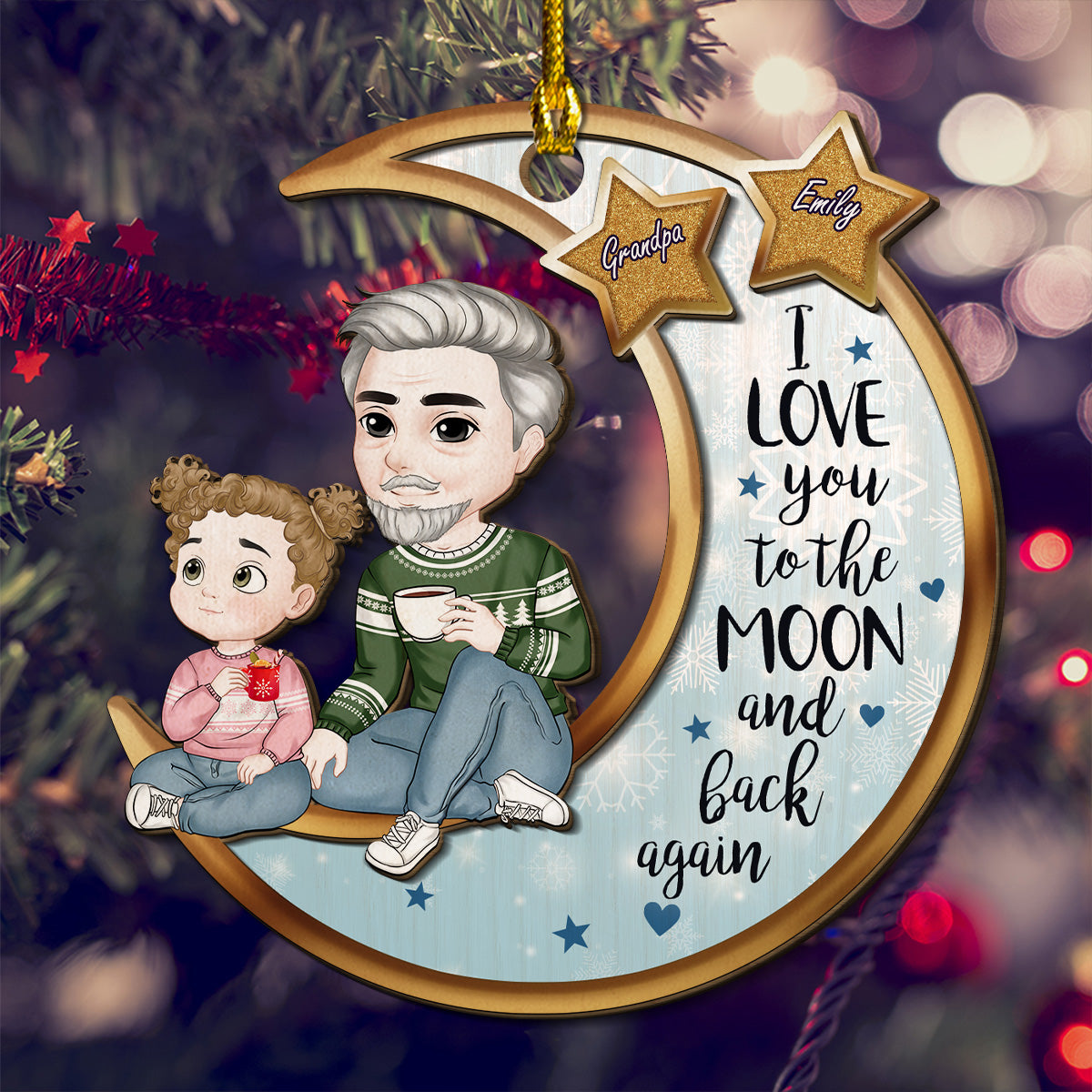 Custom Family Ornament, Christmas Gift for Family Members •  Grandparents And Grandkid On The Moon - Personalized 2-Layered Wood Ornament