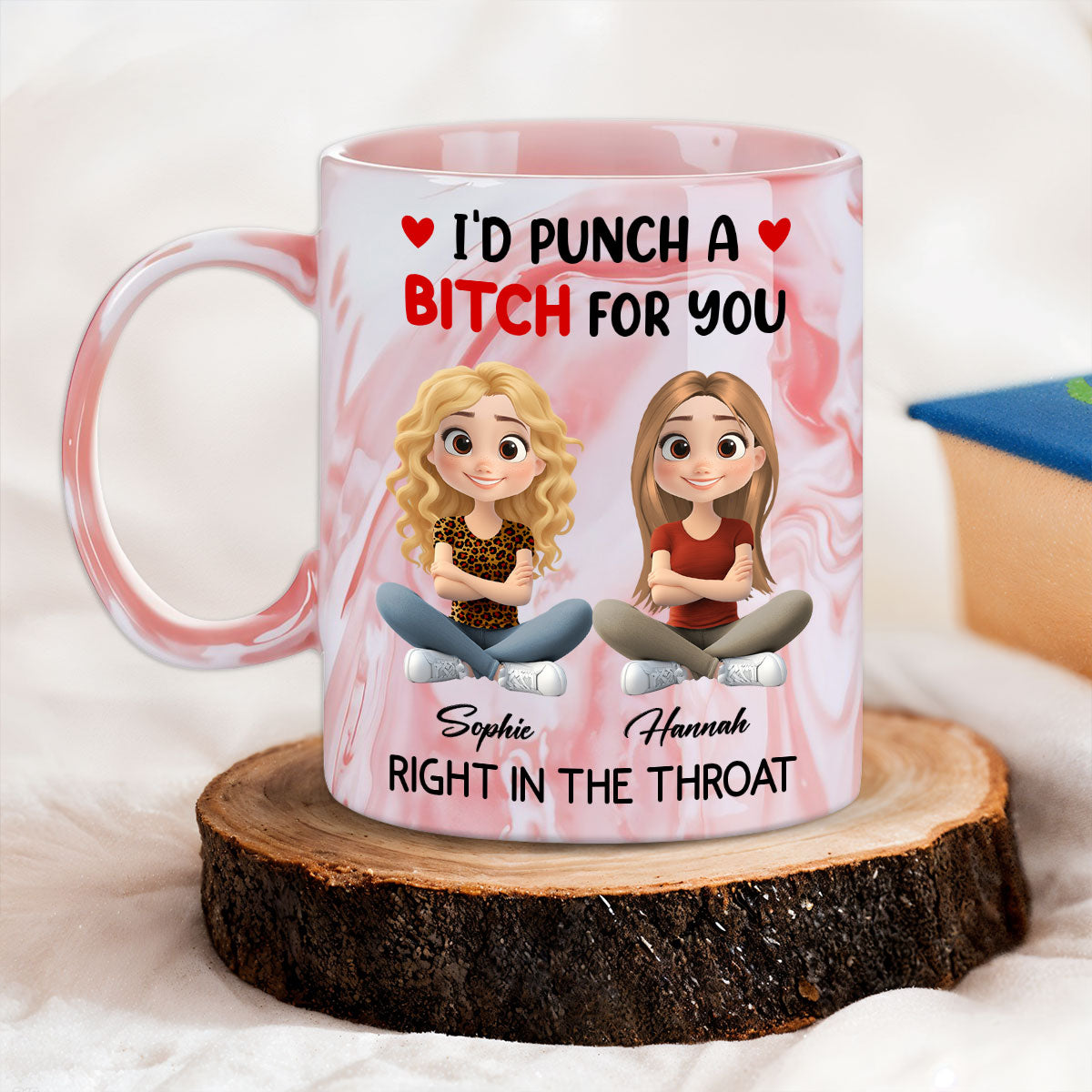 Custom Best Friend, Christmas & Birthday Friendship Keepsake Gift • I Punch A Bitch For You My Friend Chibi Cartoon - Personalized Pink Marble Mug
