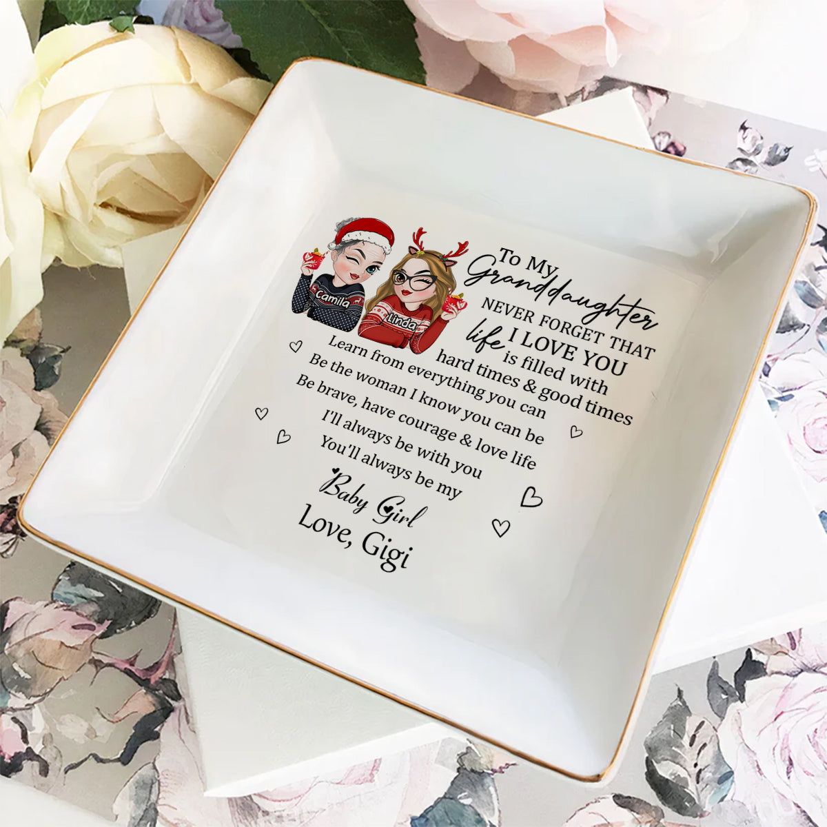 Custom Granddaughter Trinket Dish, Birthday Christmas Gift • Granddaughter Never Forget - Personalized Jewelry Dish