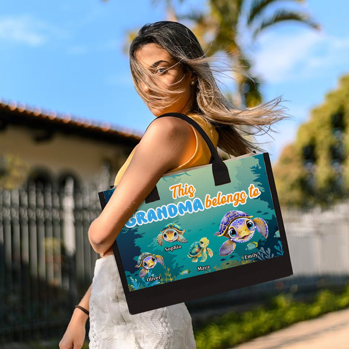 This Grandma Belongs To Turtle Summer - Personalized Canvas Tote Bag